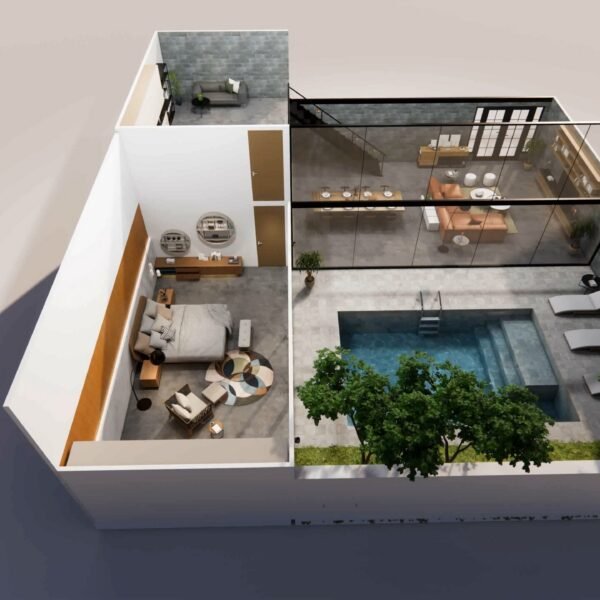 3d rendering. Interior house modern open living space with kitchen.Loft style Duplex apartment residence.Home decoration luxury  interior design.